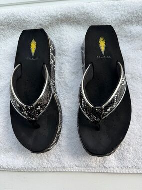 Volatile Black Snake-Print Wedge Sandals